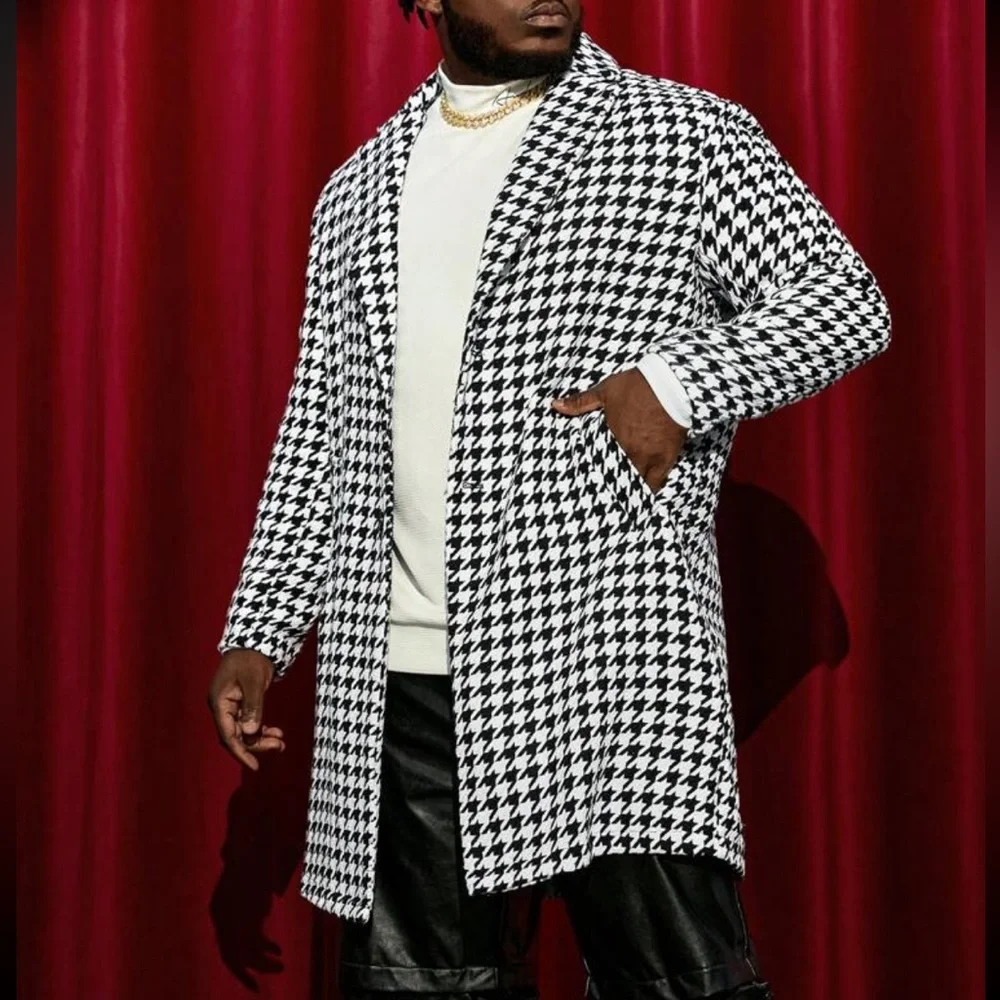 Manfinity Men Plus Houndstooth Print Lapel Neck Overcoat - Picture 5 of 8